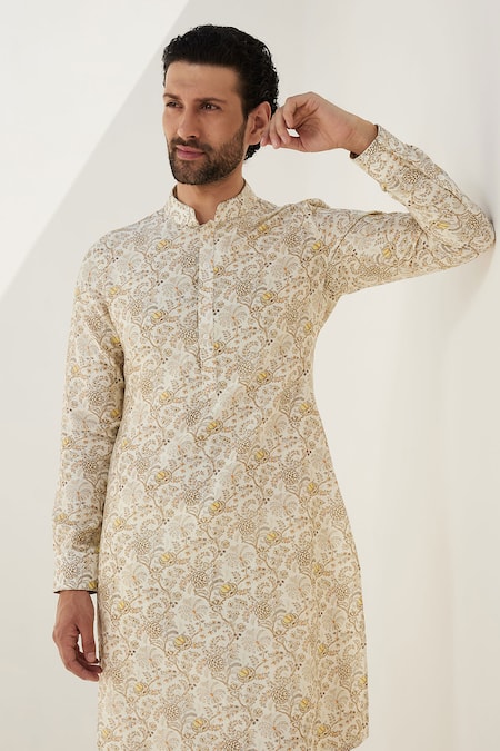 Shop_Arjan Dugal_Cream Chanderi Silk, Silk, Viscose Floral Print Kurta Set _Online_at_Aza_Fashions