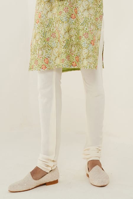 Arjan Dugal_Green Silk, Silk, Embroidery Garden Print Kurta With Churidar _Online_at_Aza_Fashions