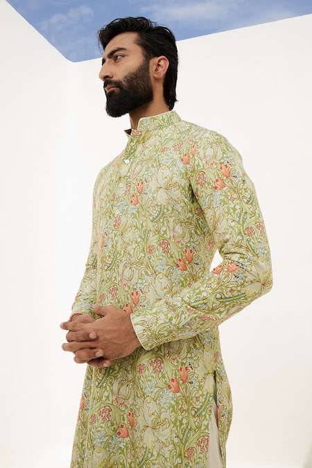 Buy_Arjan Dugal_Green Silk, Silk, Embroidery Garden Print Kurta With Churidar _Online_at_Aza_Fashions