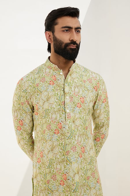 Shop_Arjan Dugal_Green Silk, Silk, Embroidery Garden Print Kurta With Churidar _Online_at_Aza_Fashions