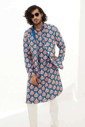 Arjan Dugal_Blue Chanderi Silk, Silk, Viscose Anar Print Kurta Set _Online_at_Aza_Fashions