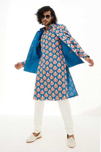 Buy_Arjan Dugal_Blue Chanderi Silk, Silk, Viscose Anar Print Kurta Set _Online_at_Aza_Fashions