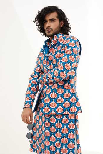 Shop_Arjan Dugal_Blue Chanderi Silk, Silk, Viscose Anar Print Kurta Set _Online_at_Aza_Fashions