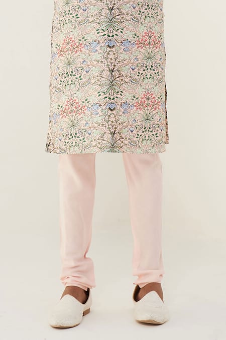 Arjan Dugal_Pink Chanderi Silk, Silk, Viscose Floral Print Kurta Set With Churidar _Online_at_Aza_Fashions
