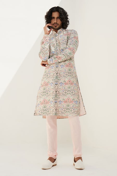 Buy_Arjan Dugal_Pink Chanderi Silk, Silk, Viscose Floral Print Kurta Set With Churidar _Online_at_Aza_Fashions