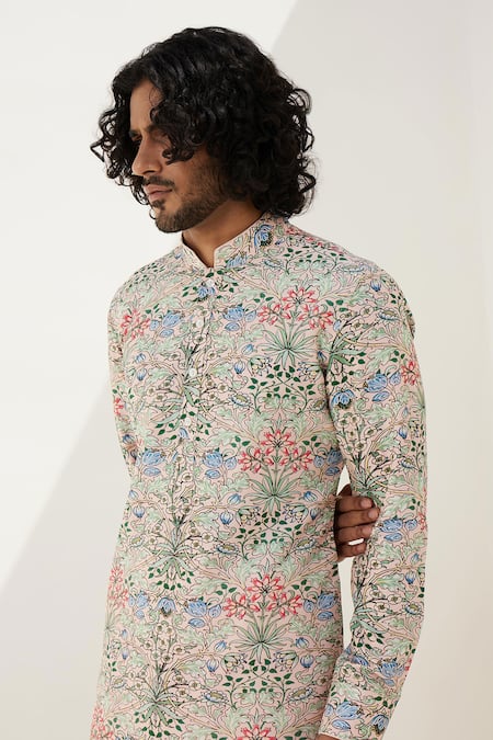 Shop_Arjan Dugal_Pink Chanderi Silk, Silk, Viscose Floral Print Kurta Set With Churidar _Online_at_Aza_Fashions