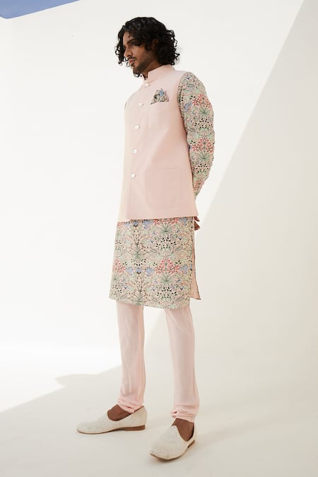 Arjan Dugal_Pink Chanderi Silk, Silk, Viscose Floral Print Kurta Set With Churidar _at_Aza_Fashions