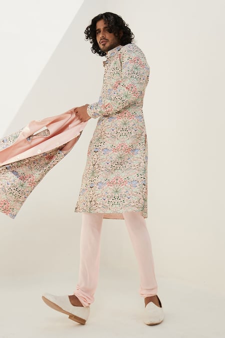 Buy_Arjan Dugal_Pink Chanderi Silk, Silk, Viscose Floral Print Kurta Set With Churidar 