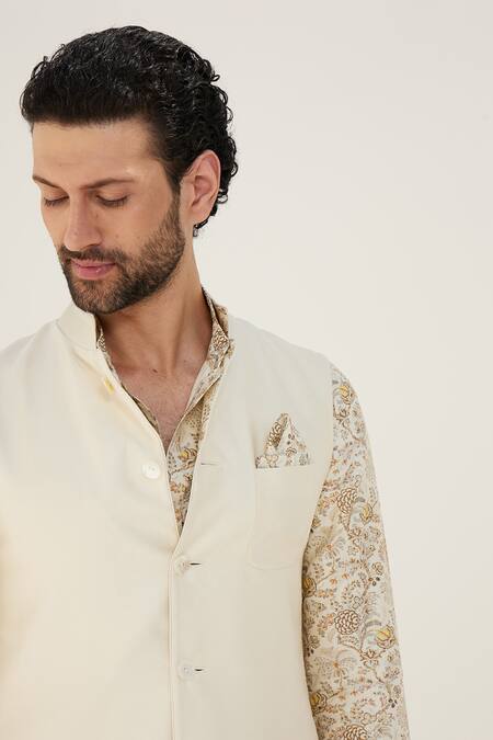 Buy_Arjan Dugal_Cream Chanderi Silk Embroidery Floral Printed Reversible Bundi _Online_at_Aza_Fashions