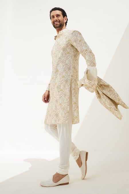 Shop_Arjan Dugal_Cream Chanderi Silk Embroidery Floral Printed Reversible Bundi _Online_at_Aza_Fashions