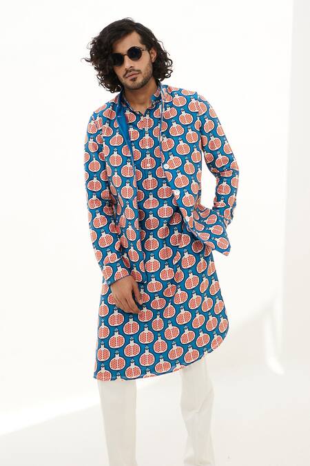 Arjan Dugal_Blue Chanderi Silk Reversible Anar Print Bundi _Online_at_Aza_Fashions