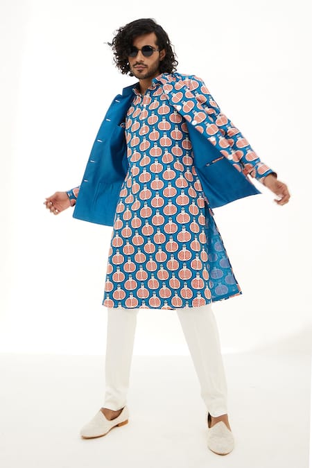 Buy_Arjan Dugal_Blue Chanderi Silk Reversible Anar Print Bundi _Online_at_Aza_Fashions
