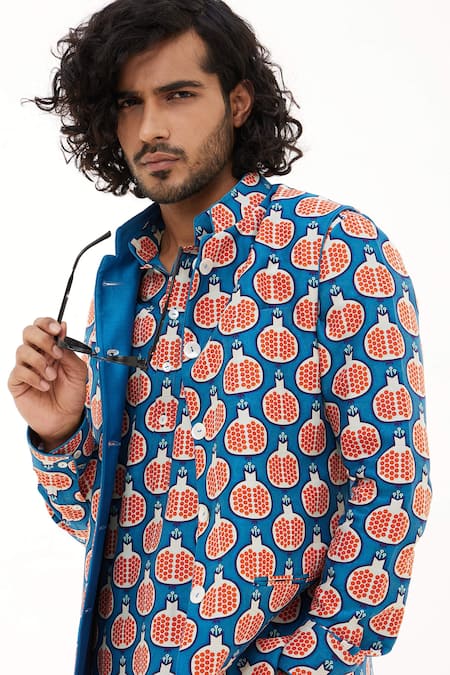 Shop_Arjan Dugal_Blue Chanderi Silk Reversible Anar Print Bundi _Online_at_Aza_Fashions