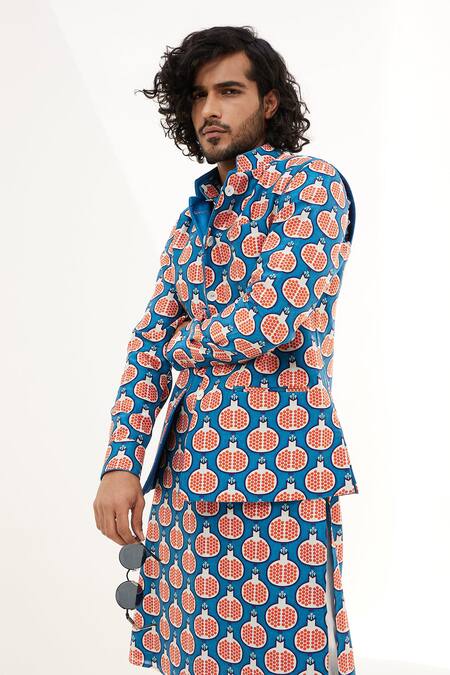 Arjan Dugal_Blue Chanderi Silk Reversible Anar Print Bundi _at_Aza_Fashions