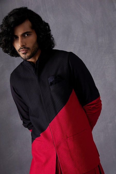Arjan Dugal_Black Silk, Viscose Colour Block Kurta With Churidar _Online_at_Aza_Fashions