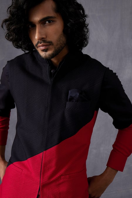 Buy_Arjan Dugal_Black Silk, Viscose Colour Block Kurta With Churidar _Online_at_Aza_Fashions