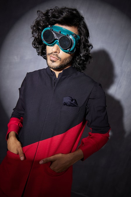 Shop_Arjan Dugal_Black Silk, Viscose Colour Block Kurta With Churidar _Online_at_Aza_Fashions