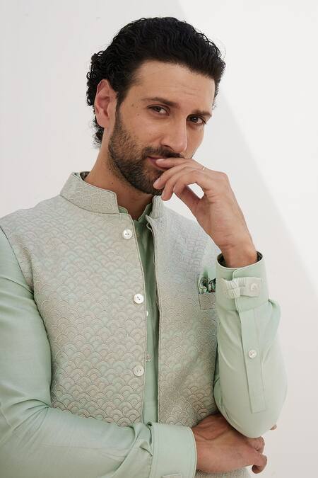 Buy_Arjan Dugal_Green Silk Embroidery Sage Zari Bundi _Online_at_Aza_Fashions