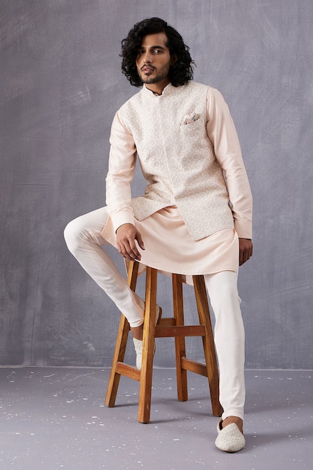 Arjan Dugal Pink Chanderi Silk Embroidery Powder Dori Work Bundi Online at Aza Fashions Arjan Dugal_Pink Chanderi Silk Embroidery Powder Dori Work Bundi _Online_at_Aza_Fashions