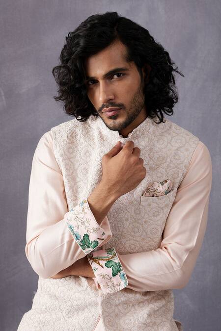 Shop Arjan Dugal Pink Chanderi Silk Embroidery Powder Dori Work Bundi Online at Aza Fashions Shop_Arjan Dugal_Pink Chanderi Silk Embroidery Powder Dori Work Bundi _Online_at_Aza_Fashions