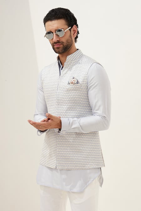 Arjan Dugal Blue Chanderi Silk Embroidery Bundi Online at Aza Fashions Arjan Dugal_Blue Chanderi Silk Embroidery Bundi _Online_at_Aza_Fashions