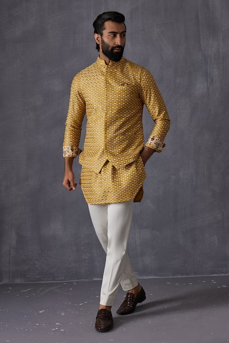 Arjan Dugal Yellow Chanderi Silk Embroidery Mustard Bundi