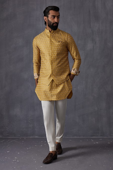 Arjan Dugal Yellow Chanderi Silk Embroidery Mustard Bundi Online at Aza Fashions Arjan Dugal_Yellow Chanderi Silk Embroidery Mustard Bundi _Online_at_Aza_Fashions