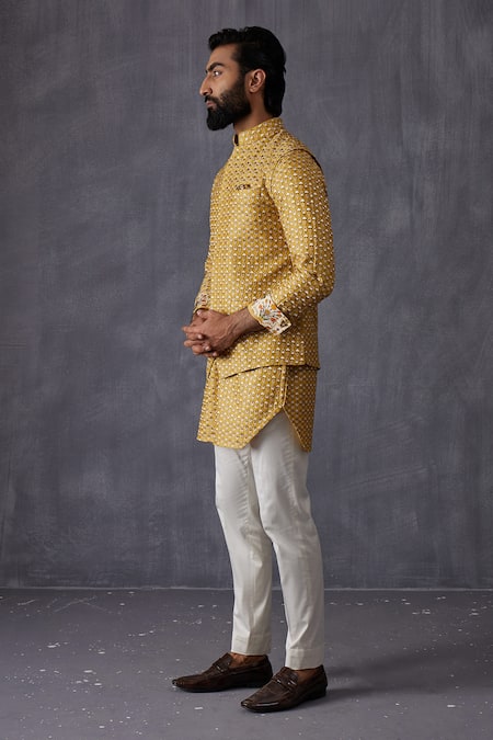 Buy Arjan Dugal Yellow Chanderi Silk Embroidery Mustard Bundi Online at Aza Fashions Buy_Arjan Dugal_Yellow Chanderi Silk Embroidery Mustard Bundi _Online_at_Aza_Fashions