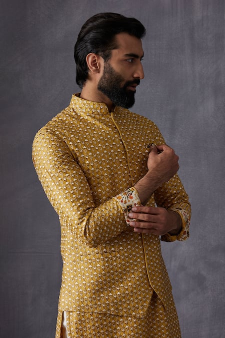 Arjan Dugal Yellow Chanderi Silk Embroidery Mustard Bundi at Aza Fashions Arjan Dugal_Yellow Chanderi Silk Embroidery Mustard Bundi _at_Aza_Fashions