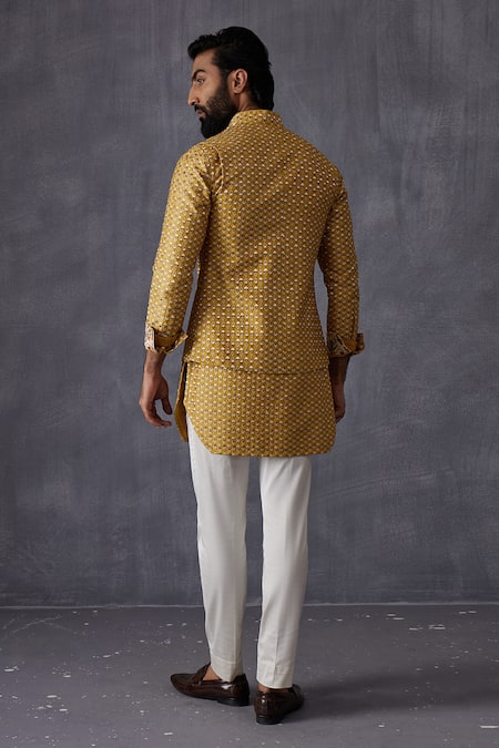 Shop Arjan Dugal Yellow Chanderi Silk Embroidery Mustard Bundi at Aza Fashions Shop_Arjan Dugal_Yellow Chanderi Silk Embroidery Mustard Bundi _at_Aza_Fashions