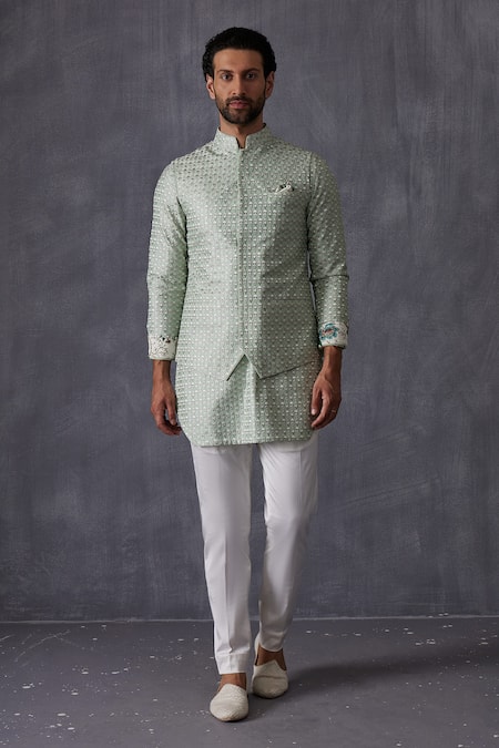 Arjan Dugal Green Chanderi Silk Embroidery Bundi Online at Aza Fashions Arjan Dugal_Green Chanderi Silk Embroidery Bundi _Online_at_Aza_Fashions