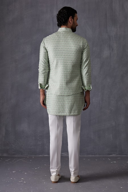 Shop Arjan Dugal Green Chanderi Silk Embroidery Bundi at Aza Fashions Shop_Arjan Dugal_Green Chanderi Silk Embroidery Bundi _at_Aza_Fashions