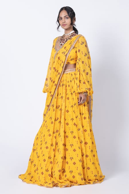 Kyross_Yellow Georgette, Organza Floral Butta Print Lehenga Saree With Blouse _Online_at_Aza_Fashions