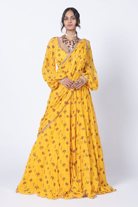 Buy_Kyross_Yellow Georgette, Organza Floral Butta Print Lehenga Saree With Blouse _Online_at_Aza_Fashions