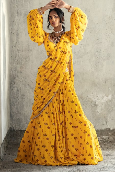 Shop_Kyross_Yellow Georgette, Organza Floral Butta Print Lehenga Saree With Blouse _Online_at_Aza_Fashions