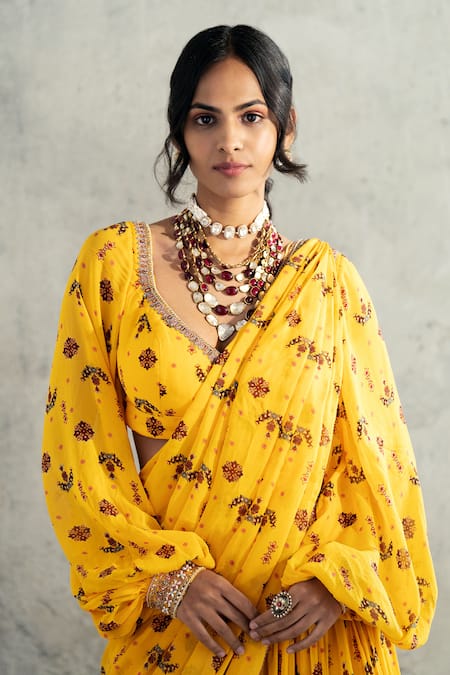 Kyross_Yellow Georgette, Organza Floral Butta Print Lehenga Saree With Blouse _at_Aza_Fashions