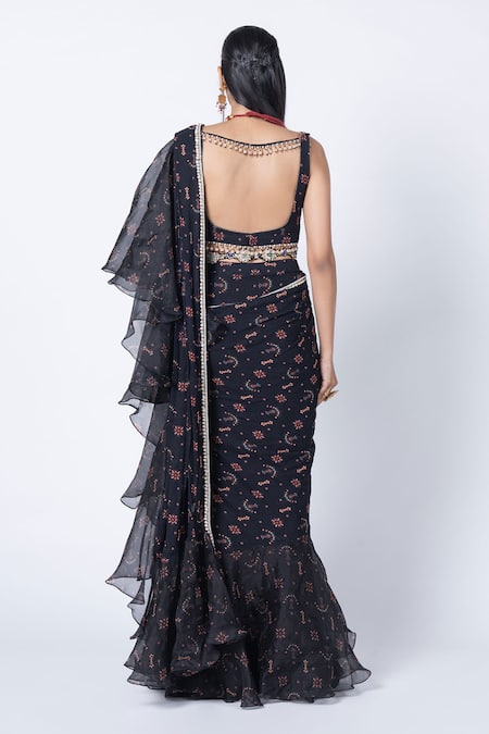 Kyross Flower Print Pre-Draped Saree With Blouse 