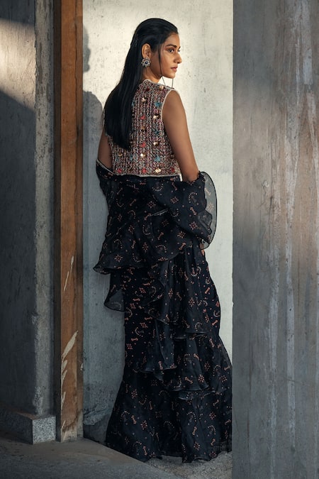 Buy_Kyross_Black Organza, Georgette Beads, Flower Print Pre-draped Saree With Blouse _Online_at_Aza_Fashions