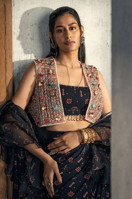 Shop_Kyross_Black Organza, Georgette Beads, Flower Print Pre-draped Saree With Blouse _Online_at_Aza_Fashions