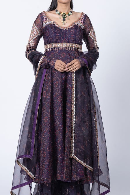 Kyross_Purple Organza Tassels, Embroidery Round Floral Jaal Print Anarkali Gharara Set _Online_at_Aza_Fashions