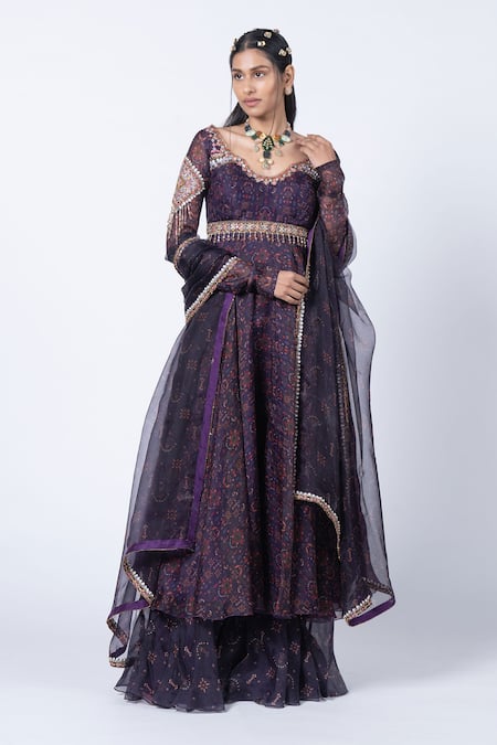Buy_Kyross_Purple Organza Tassels, Embroidery Round Floral Jaal Print Anarkali Gharara Set _Online_at_Aza_Fashions