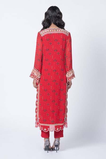Kyross Red Embroidered Kurta Set With Dupatta 