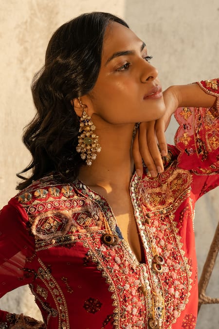 Kyross_Red Georgette Embroidery, Beads, Tassels Collared Kurta Set With Dupatta _Online_at_Aza_Fashions