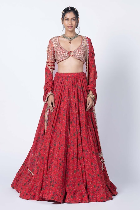 Kyross_Red Tulle, Georgette Sequins, Cut Work Asymmetric Floral Jaal Print Lehenga Set _Online_at_Aza_Fashions