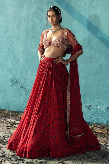 Buy_Kyross_Red Tulle, Georgette Sequins, Cut Work Asymmetric Floral Jaal Print Lehenga Set _Online_at_Aza_Fashions