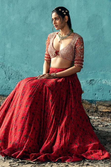 Buy Persian Red Zari Embroidered Raw Silk Bridal Lehenga Online | Samyakk