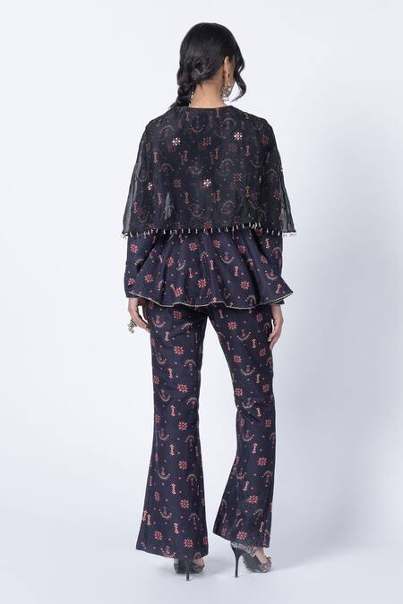 Kyross Black Floral Jaal Embroidered Peplum Top Set 