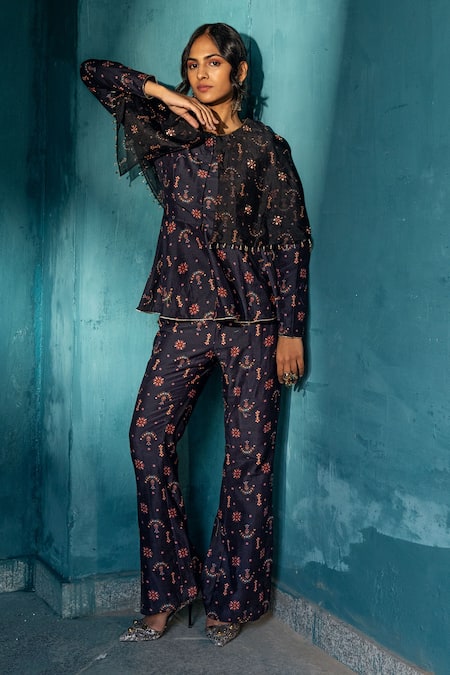 Kyross_Black Silk, Chanderi Sequins Round Neck Floral Jaal Embroidered Peplum Top Set _Online_at_Aza_Fashions