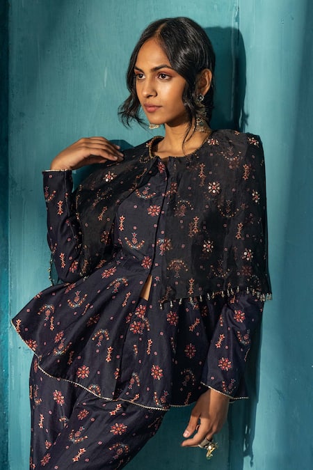 Buy_Kyross_Black Silk, Chanderi Sequins Round Neck Floral Jaal Embroidered Peplum Top Set _Online_at_Aza_Fashions