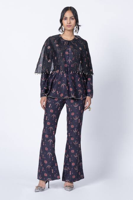 Shop_Kyross_Black Silk, Chanderi Sequins Round Neck Floral Jaal Embroidered Peplum Top Set _Online_at_Aza_Fashions